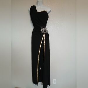 Black & Gold Sequin Slit Leg Draped One Shoulder Goddess Long Gown Maxi Dress